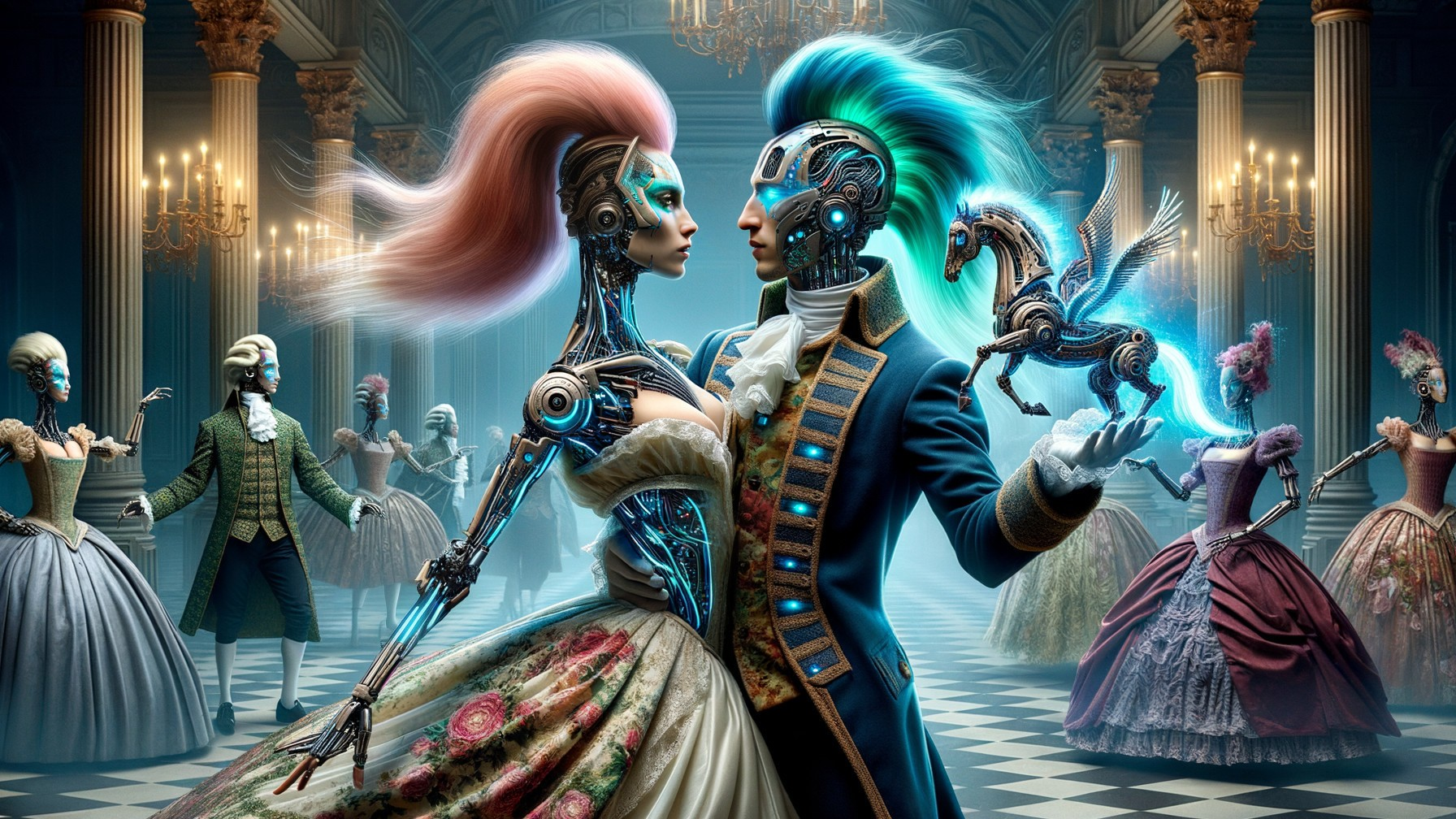 Futuristic Couple in Lavish Ballroom with Vintage Elements