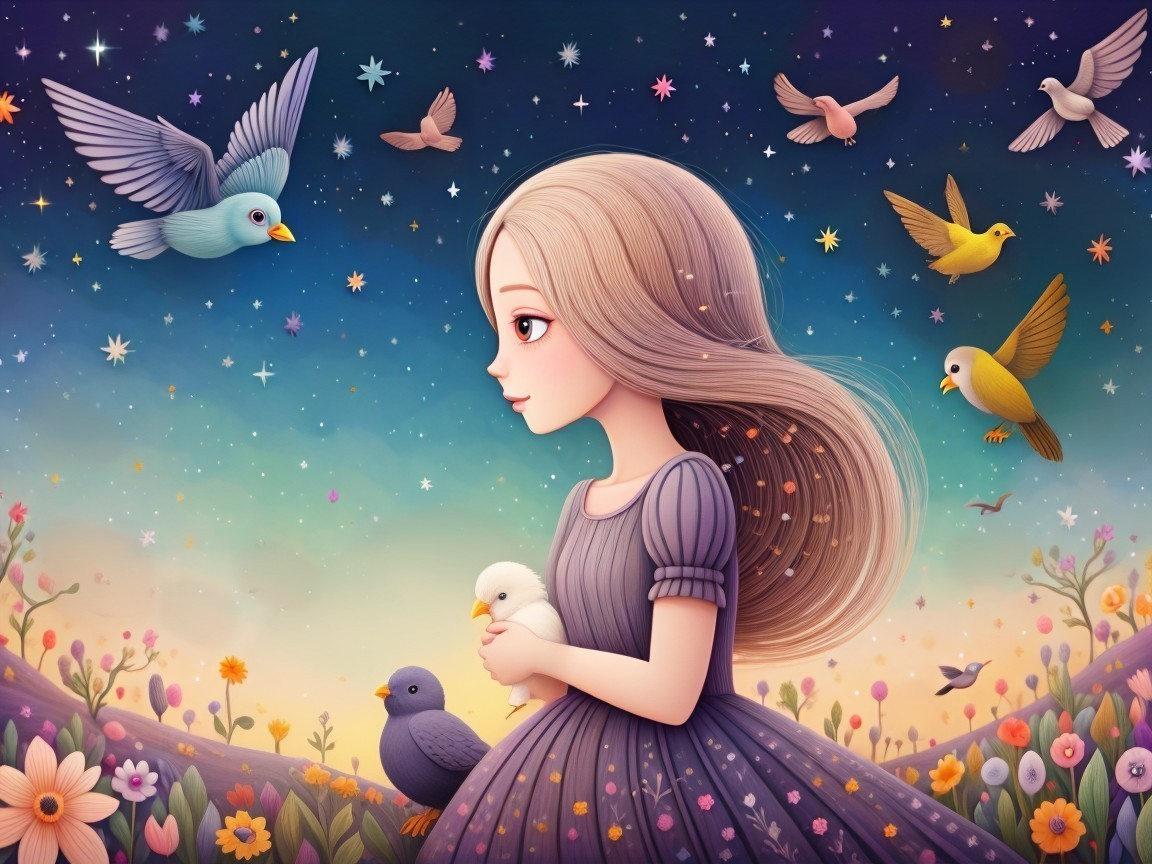 Young girl holding a chick in a vibrant floral scene