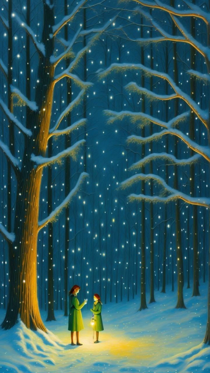 Children in Green Coats in a Winter Forest Scene