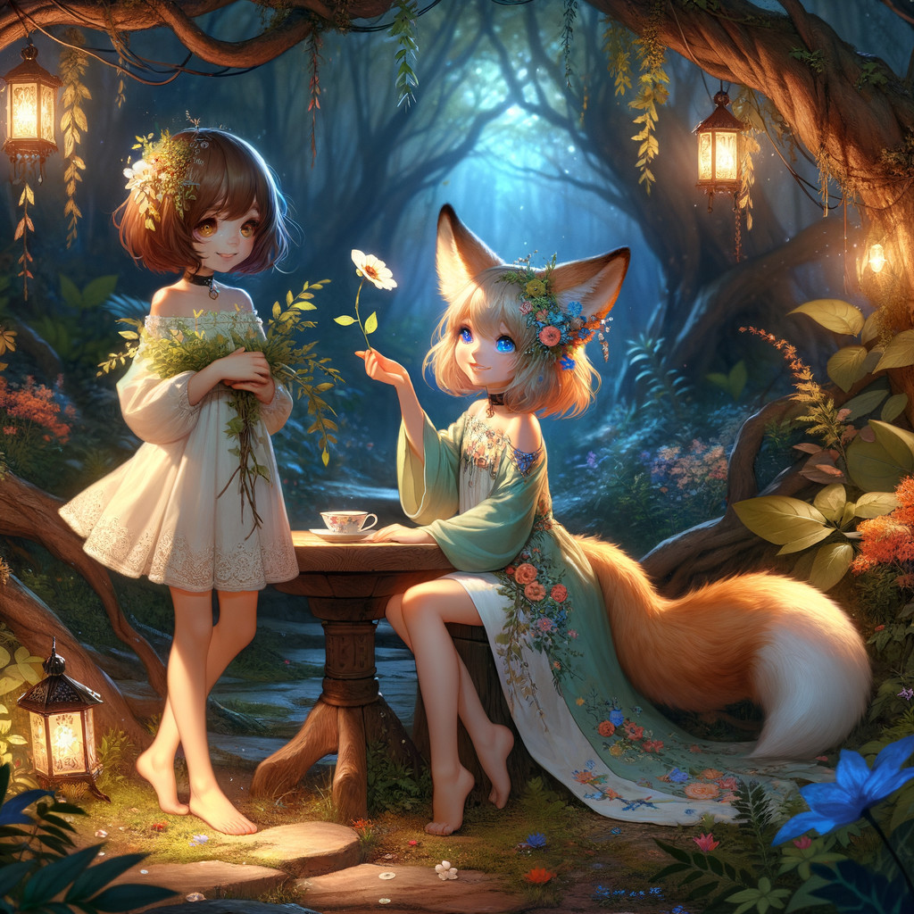 Magical Forest Glade with Enchanting Figures and Lanterns