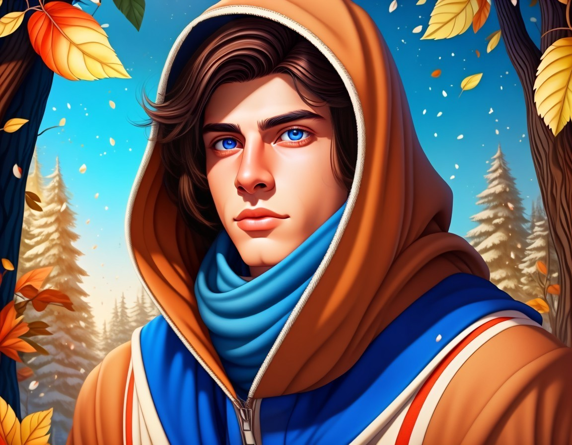 Young man in hoodie amidst vibrant autumn landscape