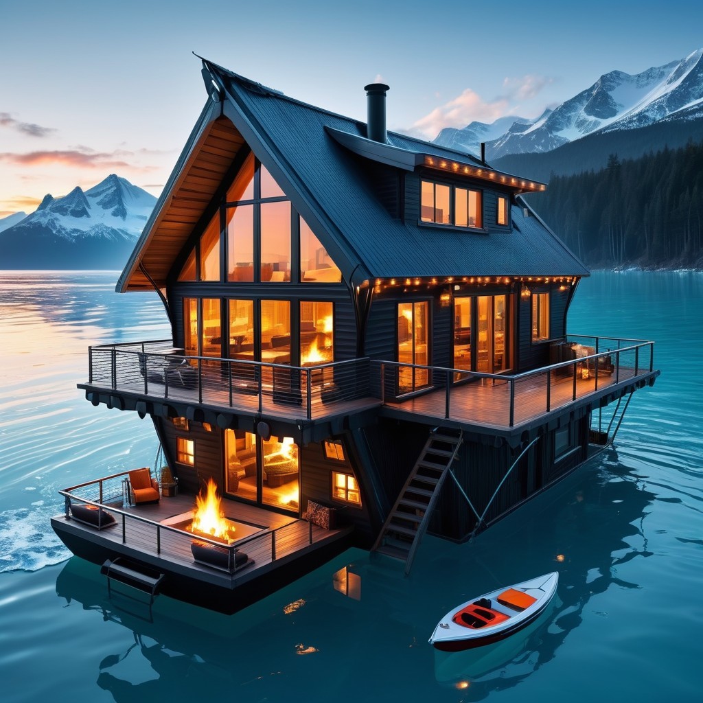 Floating House on Turquoise Waters with Mountain View