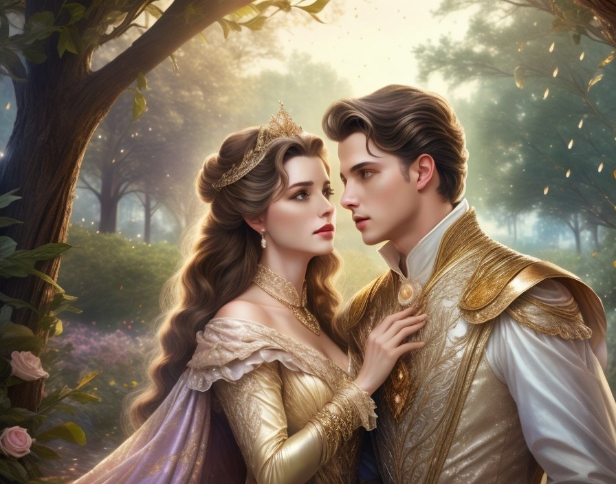 Regal Couple in Enchanted Forest with Golden Light