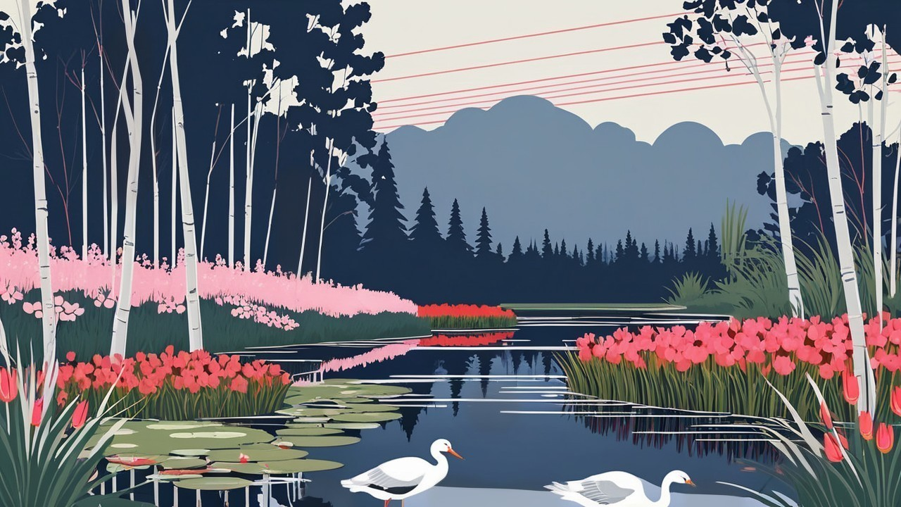 Tranquil Pond Surrounded by Lush Greenery and Swans