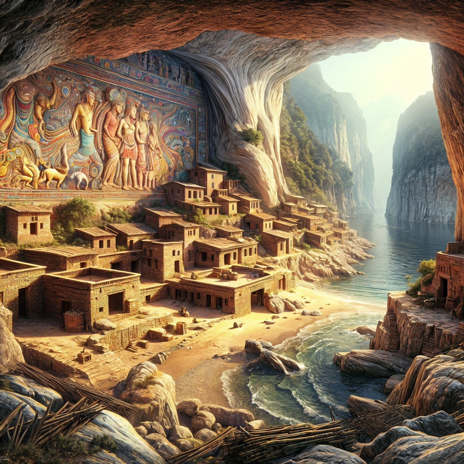 Cave Landscape with Ancient Carvings and Shoreline