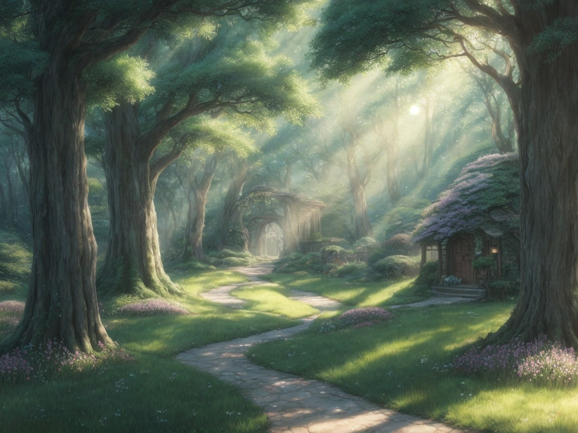 Serene forest scene with sunlight and rustic cottage