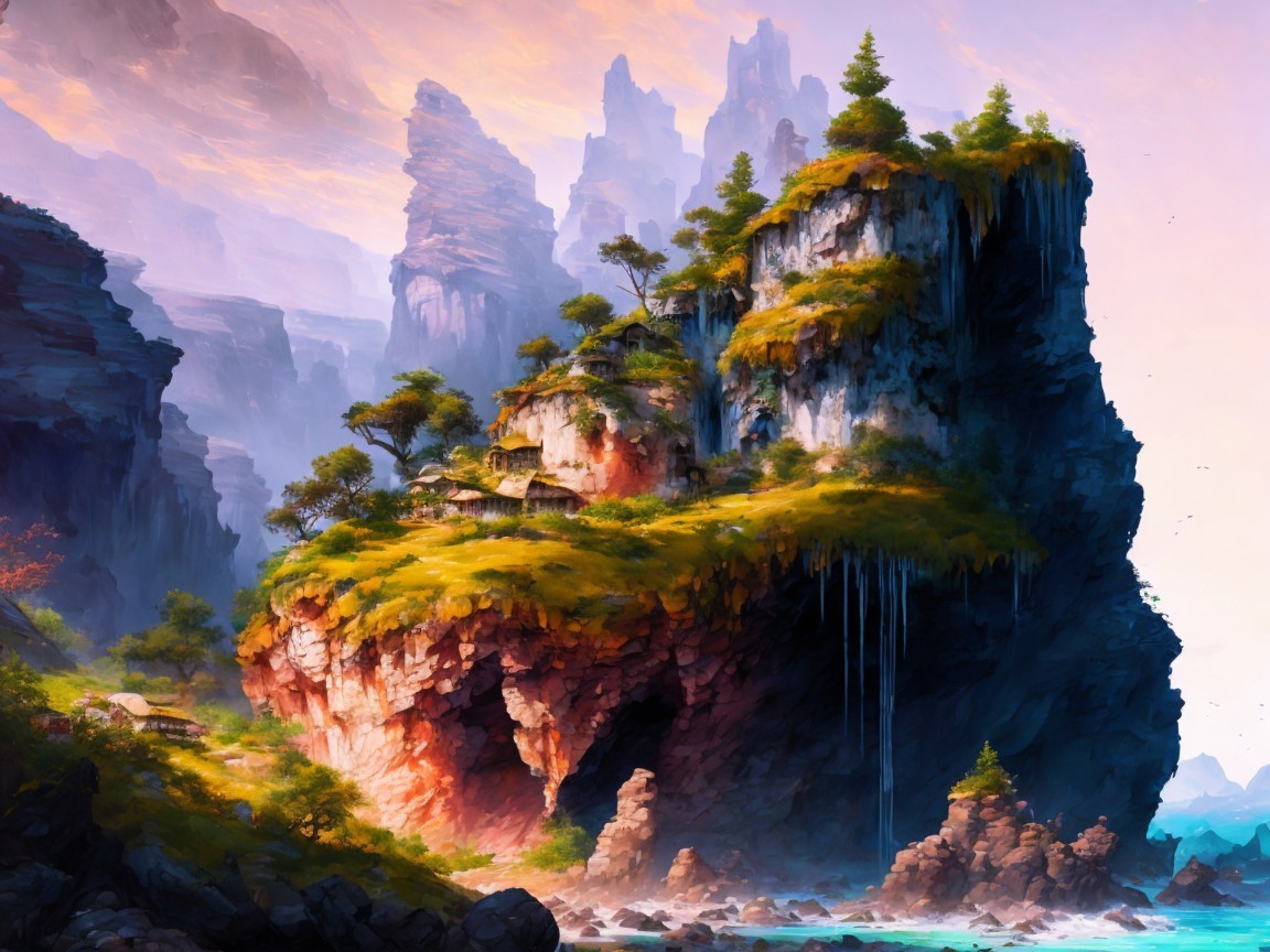 Rugged Island Landscape with Cliffs and Cascading Water