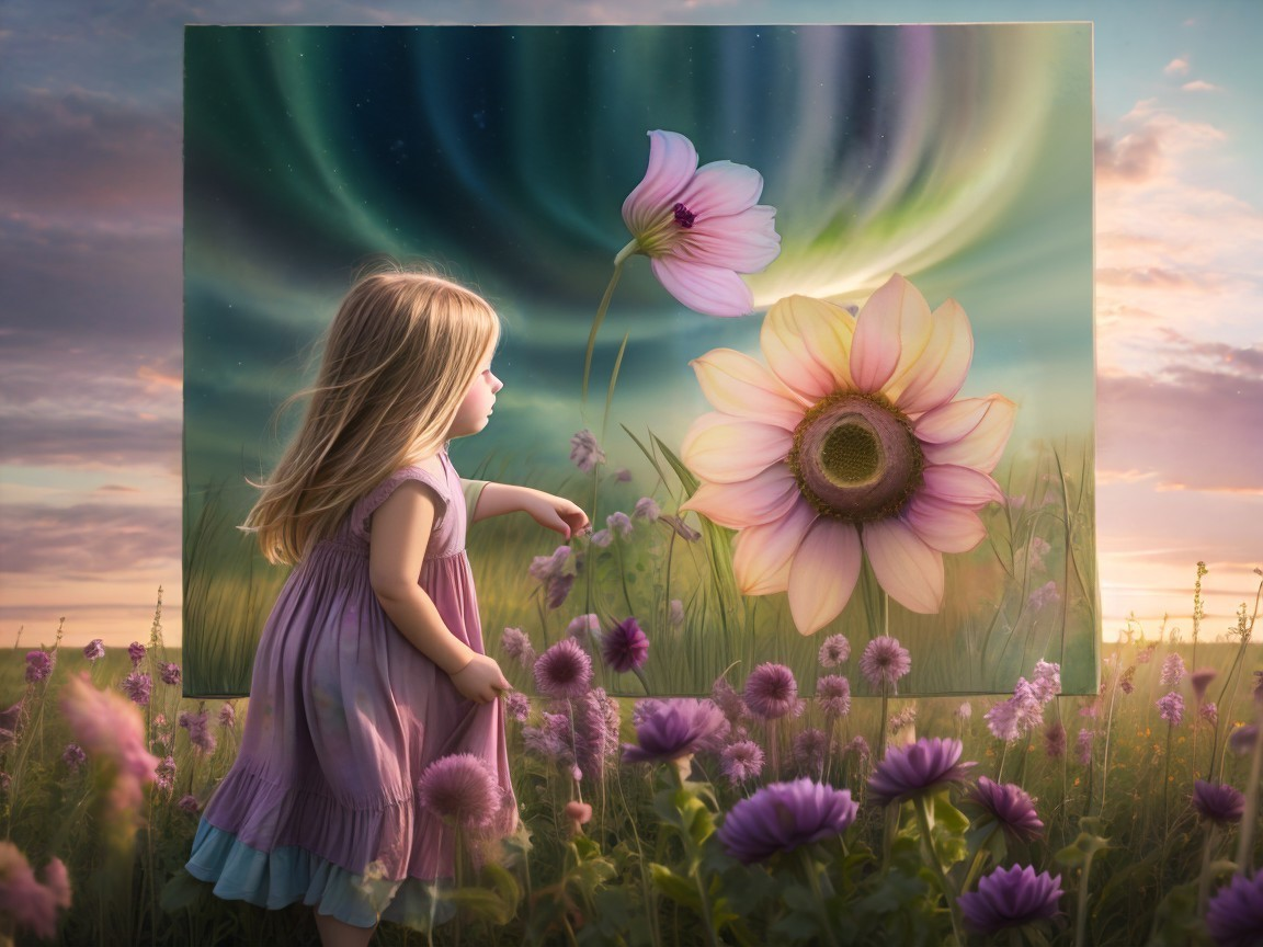 Young girl in lavender dress in colorful flower field