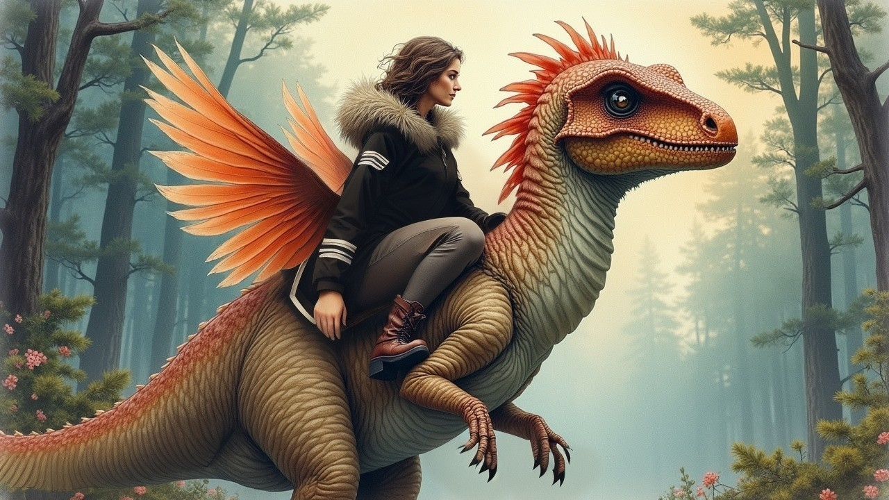Woman on Colorful Dinosaur in Serene Forest Setting