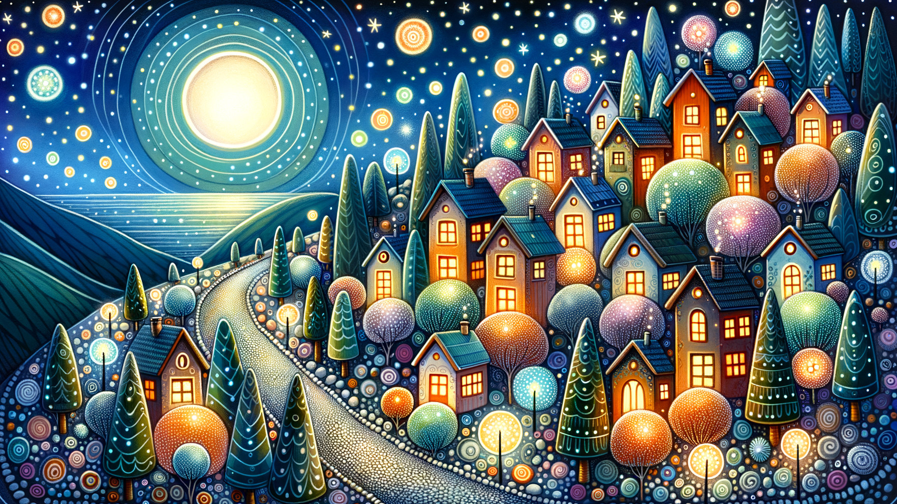 Whimsical Village Under Starry Night Sky