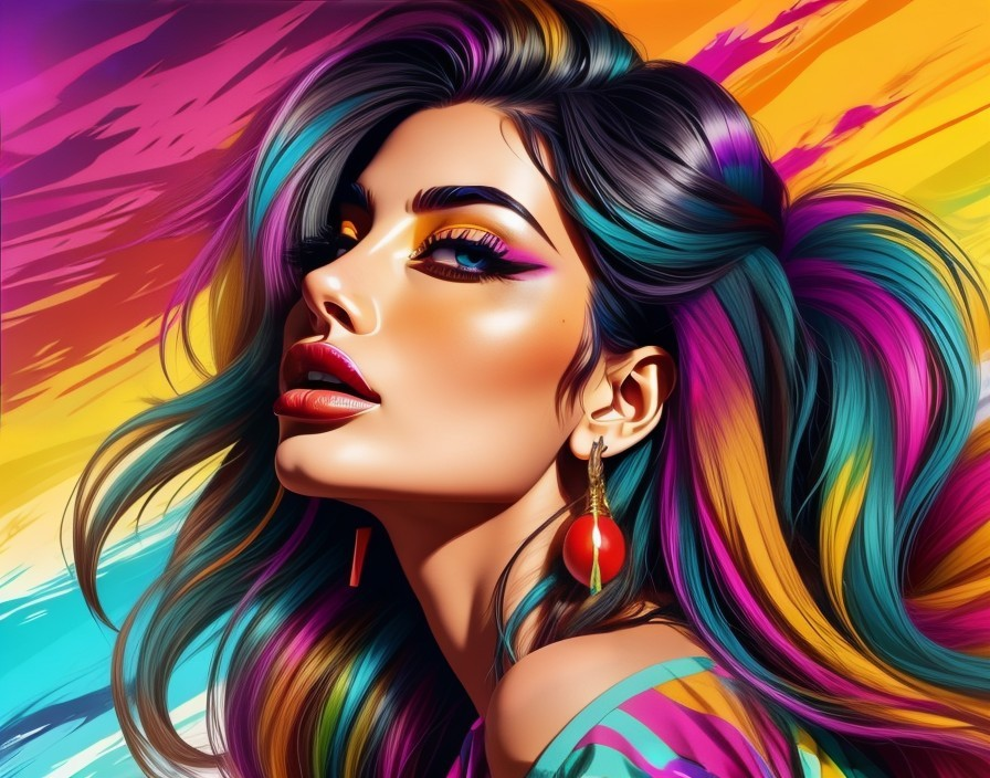 Vibrant Portrait of a Woman with Multicolored Hair