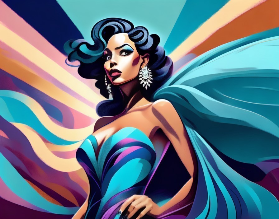 Stylish Woman in Colorful Scene with Striking Gown