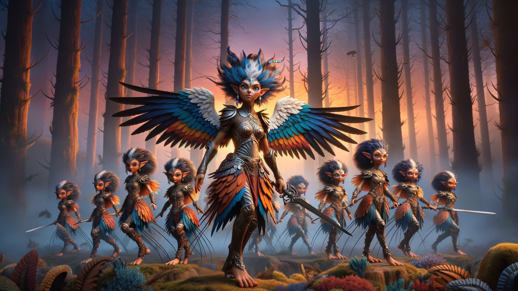 Warrior in Feathered Armor Surrounded by Fierce Beings