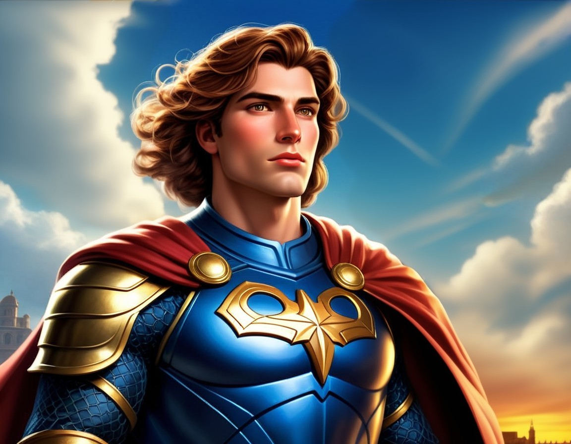 Heroic figure in blue suit with red cape and armor