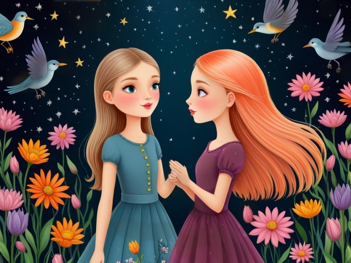Young girls in colorful dresses under a starry sky
