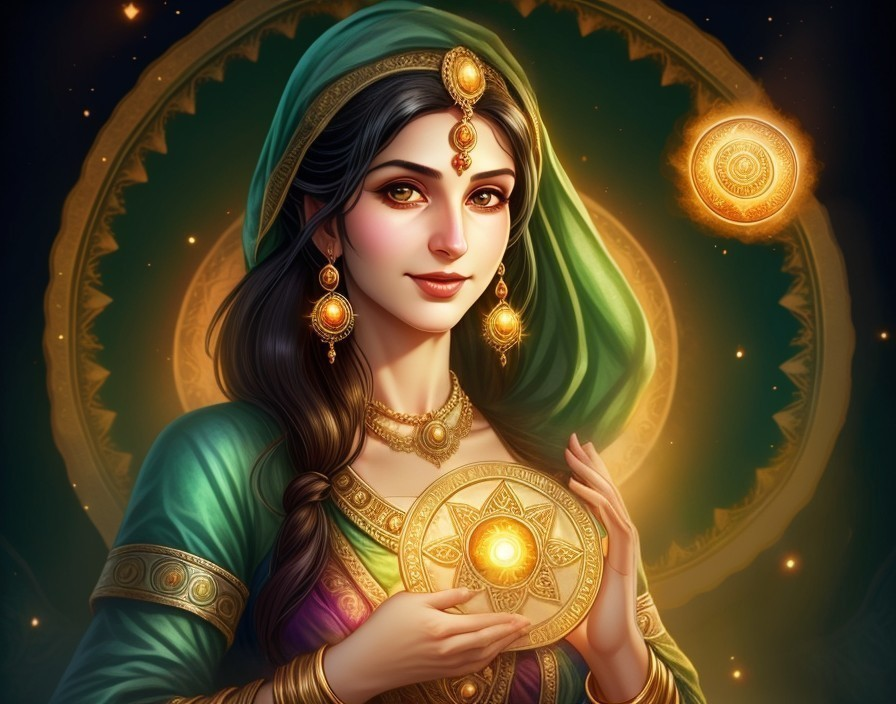 Elegant Woman in Vibrant Traditional Attire and Emblem
