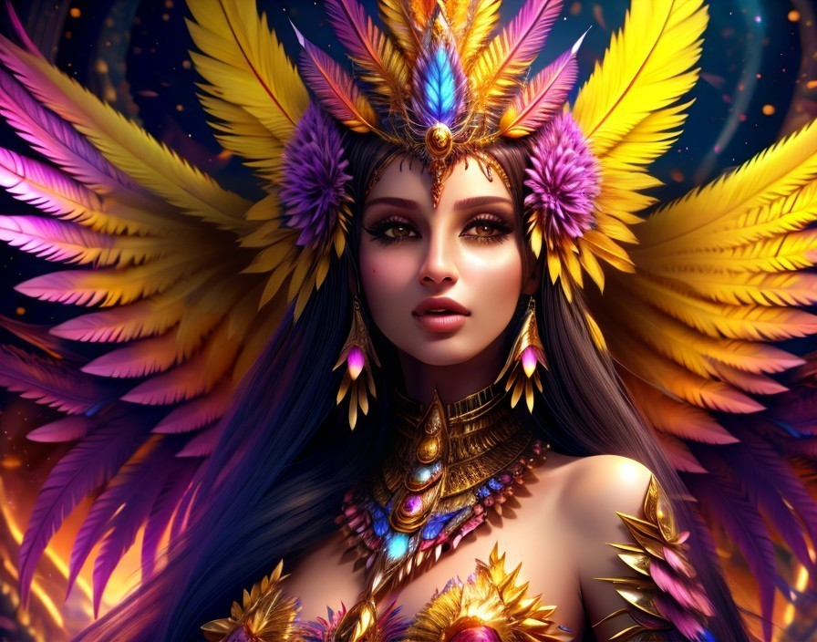 Majestic figure in vibrant feathered headdress and jewelry