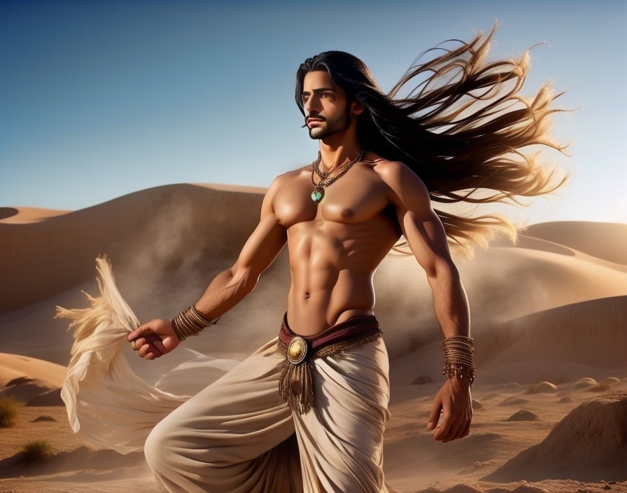 Muscular Figure in Desert with Flowing Attire and Jewelry