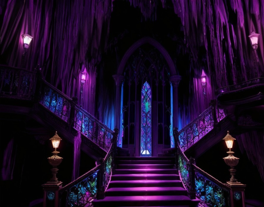 Gothic Entrance with Grand Staircase and Stained Glass