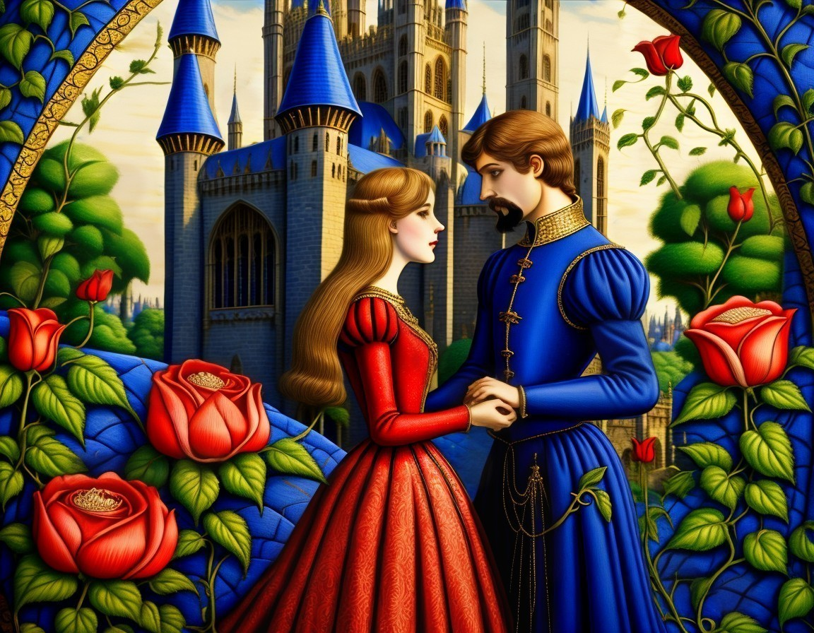Noble Couple in Enchanted Castle Garden Setting