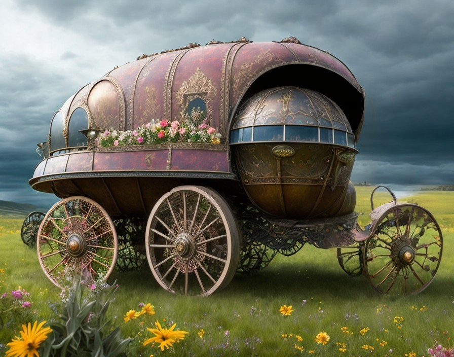 Ornate Steampunk Caravan with Vibrant Landscape