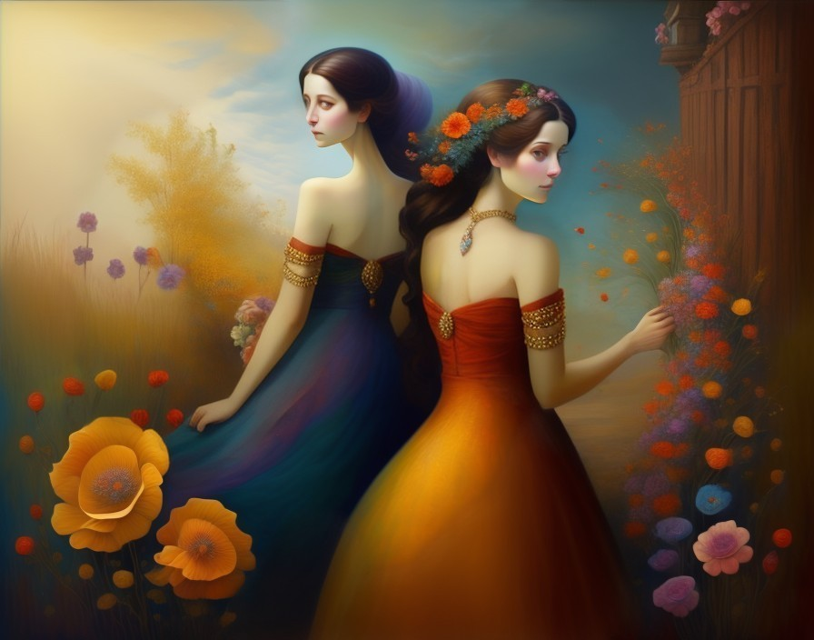 Enchanting Figures in Flowing Gowns Surrounded by Flowers