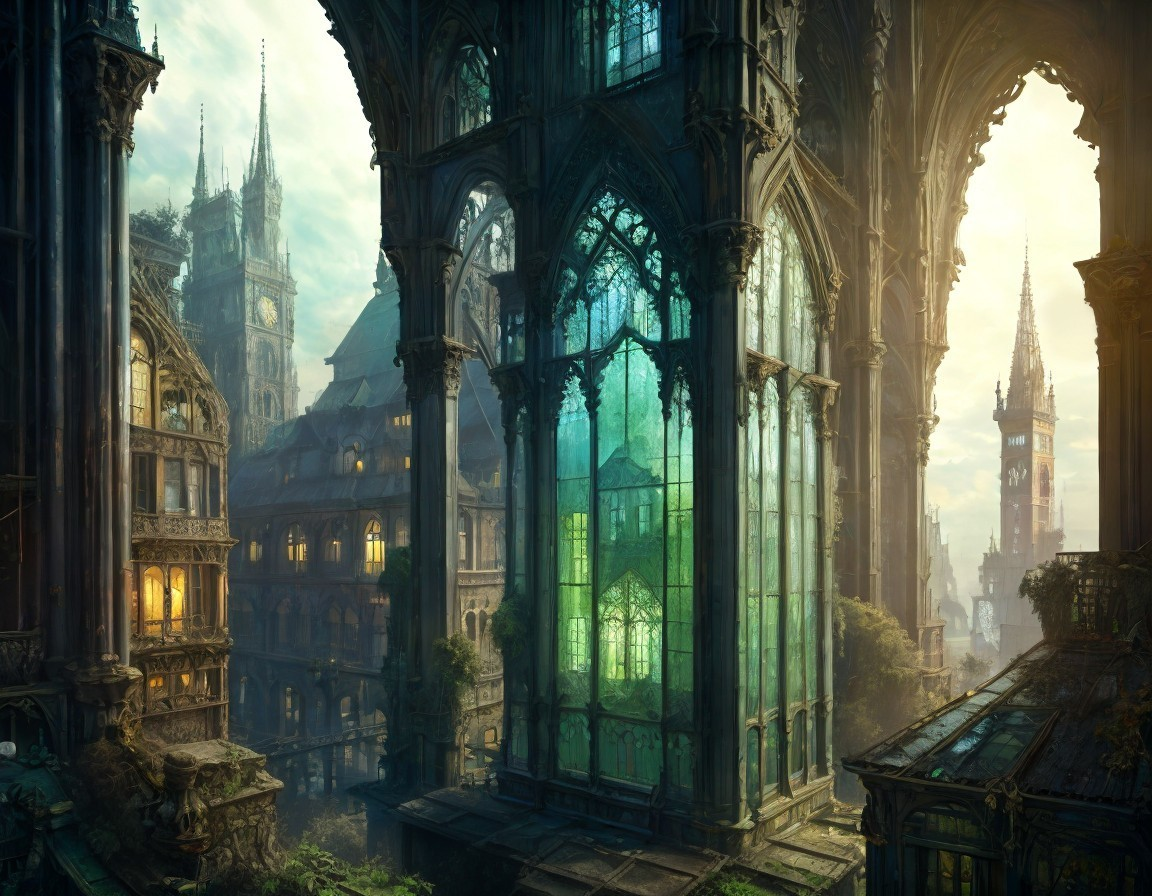 Overgrown Gothic Cityscape with Grand Cathedral Remnants