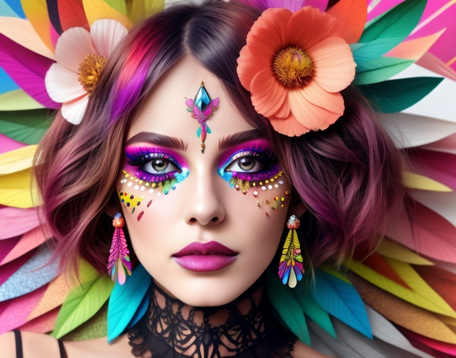 Vibrant Makeup and Floral Elements in Portraiture