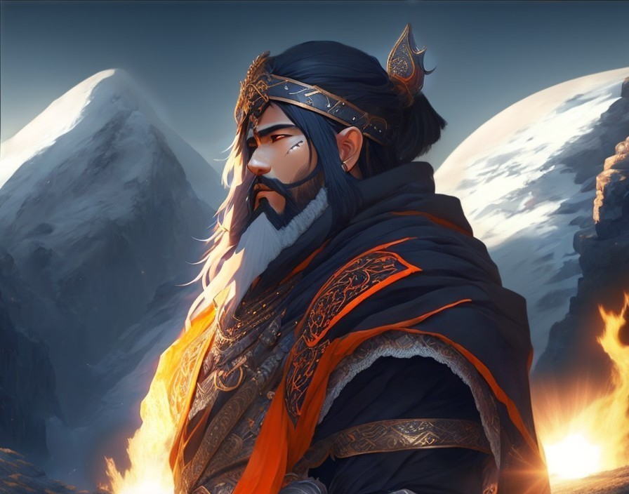 Regal Figure in Ornate Garments Against Mountains