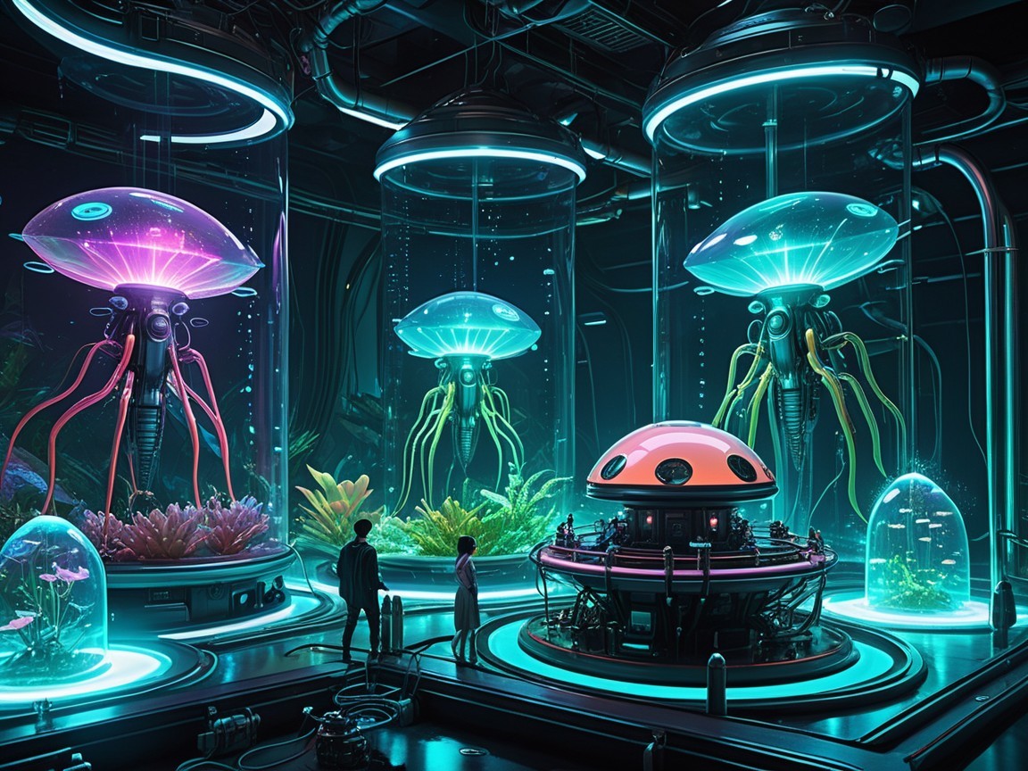 Futuristic Laboratory with Bioluminescent Jellyfish