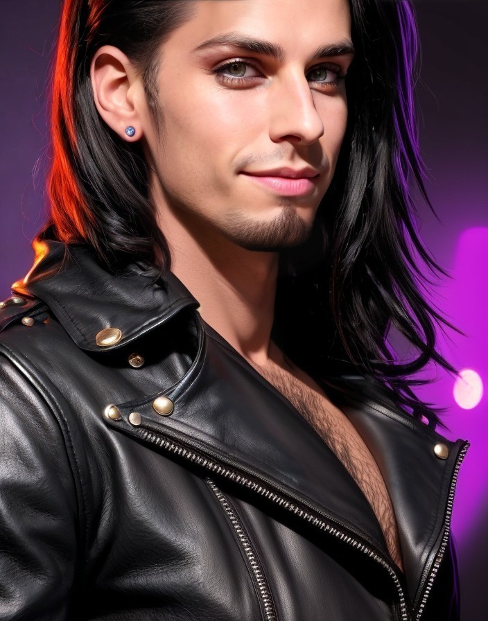 Stylish Individual in Leather Jacket with Purple Lighting