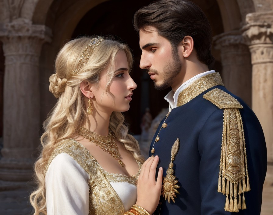 Royal couple in intimate moment with historical architecture.