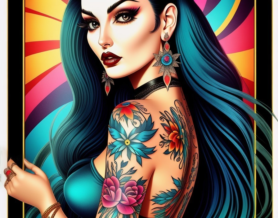 Portrait of a woman with blue hair and vibrant tattoos
