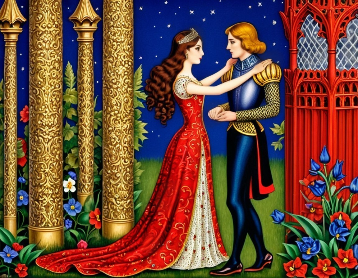 Princess in Red Gown with Prince in Ornate Setting