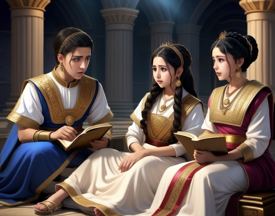 Young Individuals Reading in Elegant Ancient Setting