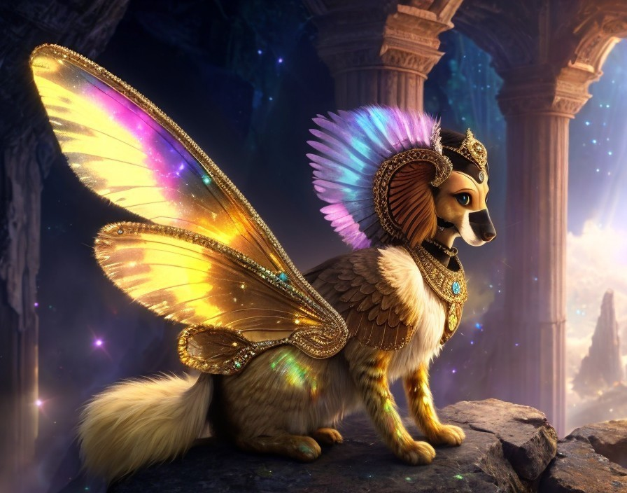 Majestic Dog-like Creature with Iridescent Wings