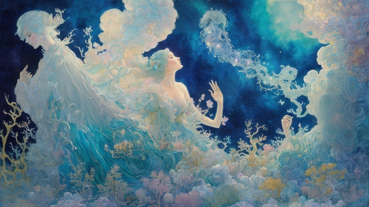 Ethereal Figures in a Dreamy, Nature-Inspired Scene