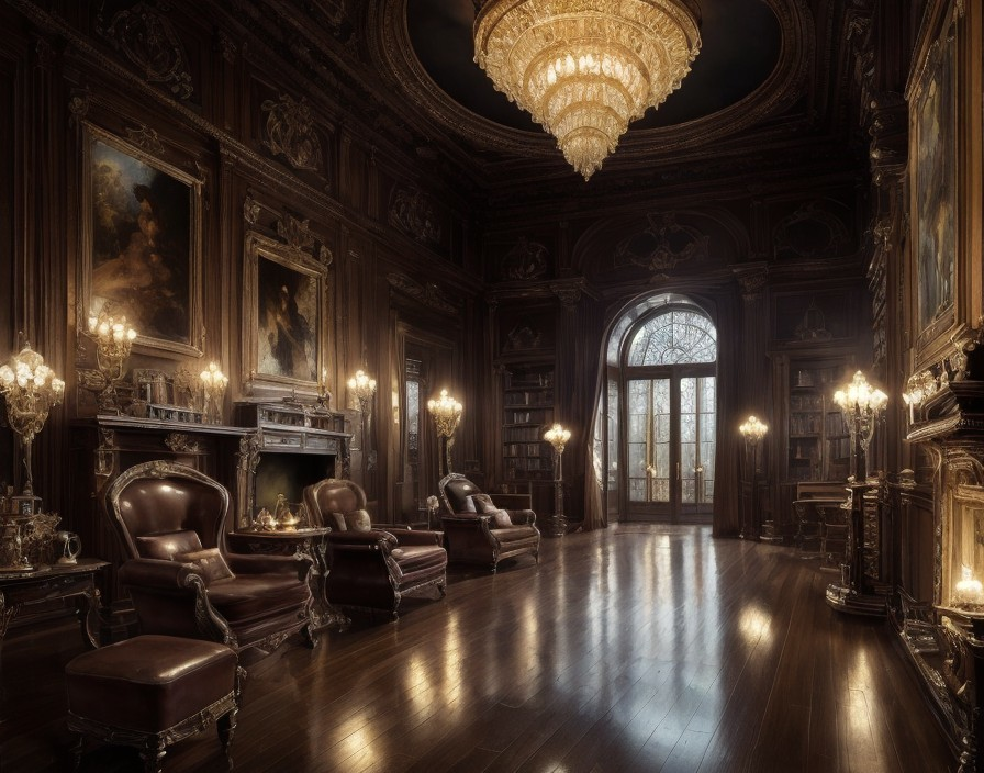 Opulent library with dark wood and elegant decor
