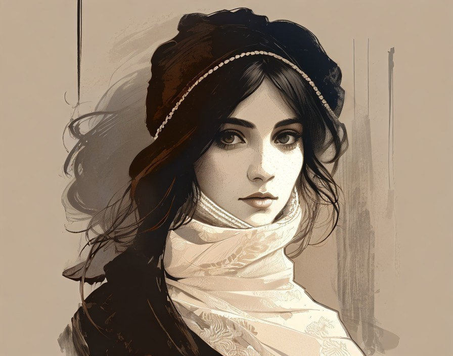 Sepia-toned illustration of woman with headband and scarf
