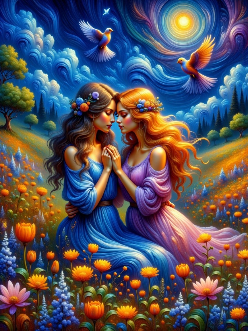 Surreal Landscape with Two Women in Colorful Gowns