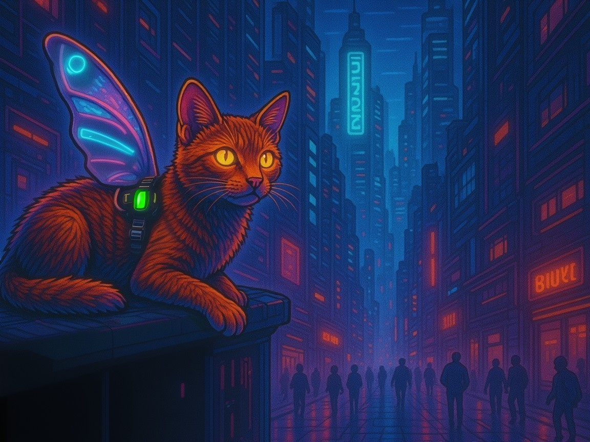 Futuristic Cityscape with Glowing Orange Cat and Neon Lights