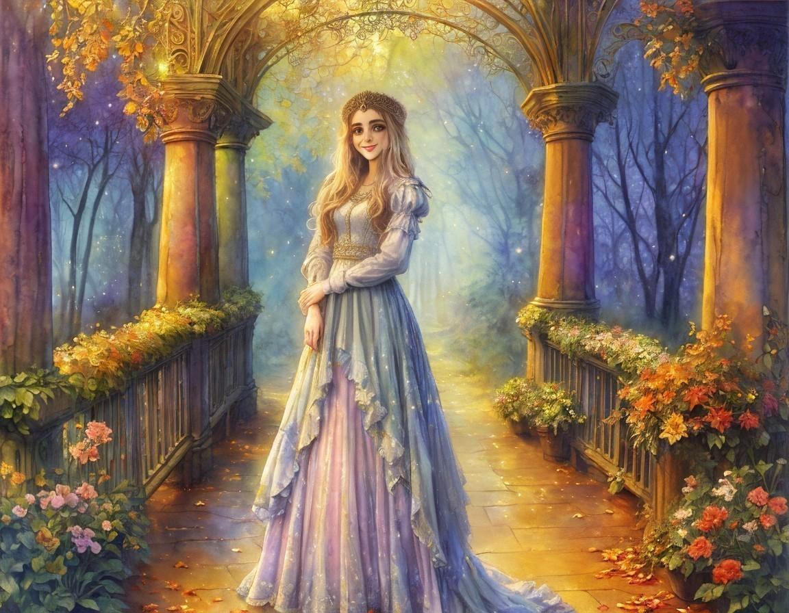 Young Woman in Pastel Gown in Magical Garden Setting