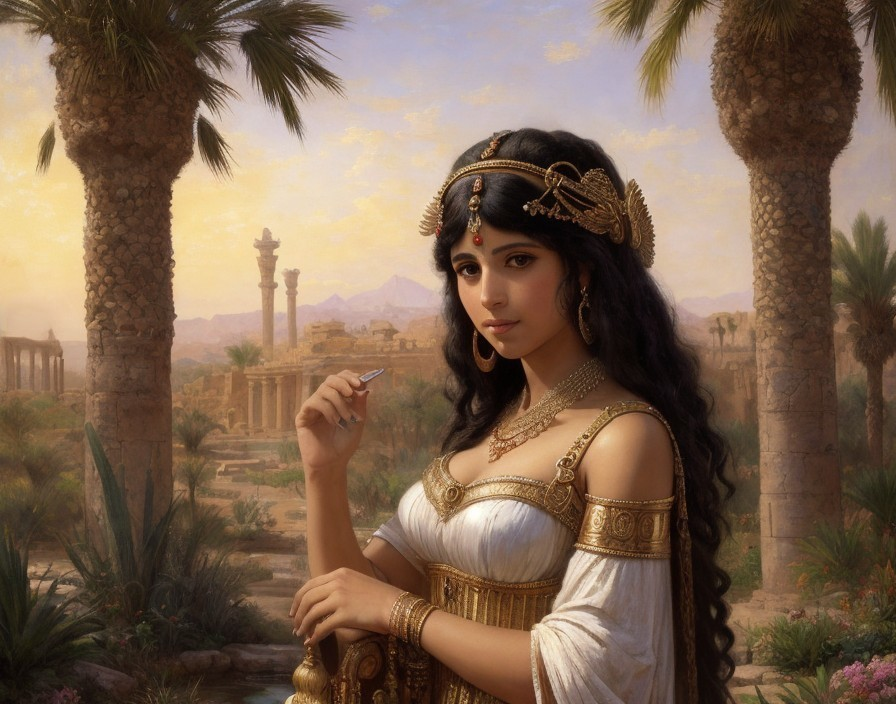 Young Woman in Ancient Attire with Egyptian Backdrop