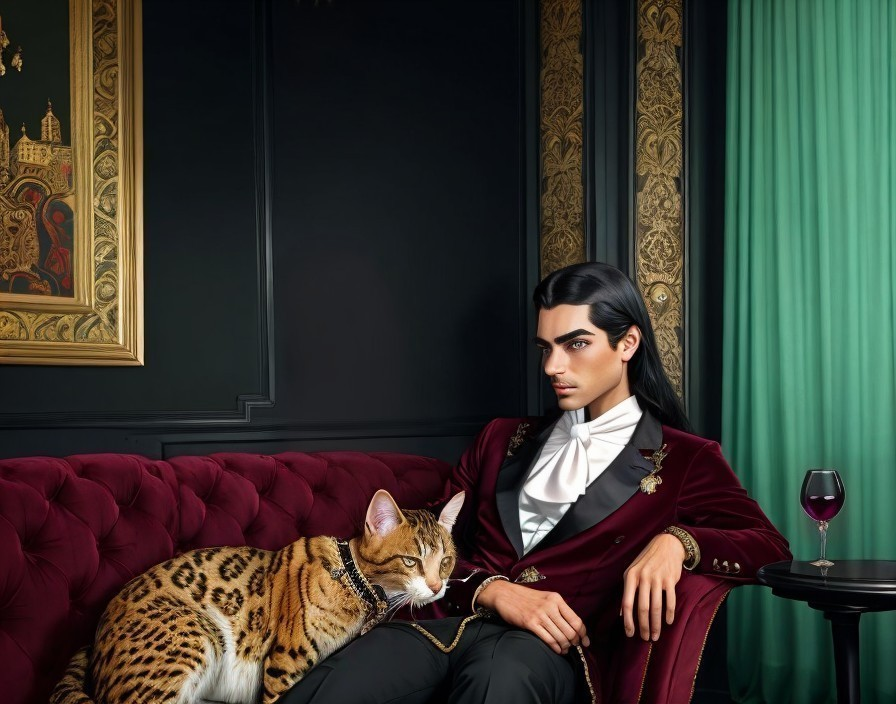 Elegant individual with cat in luxurious room setting