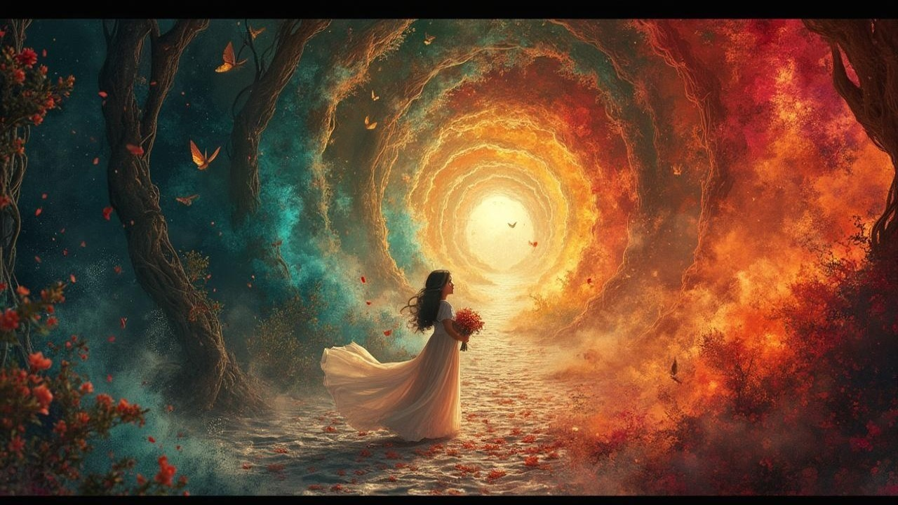 Woman in White Dress at Colorful Tree Tunnel