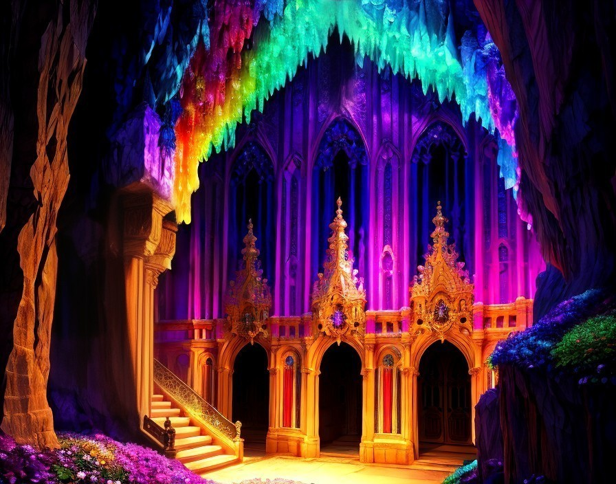 Vibrant Crystal Cavern with Golden Architecture and Flora