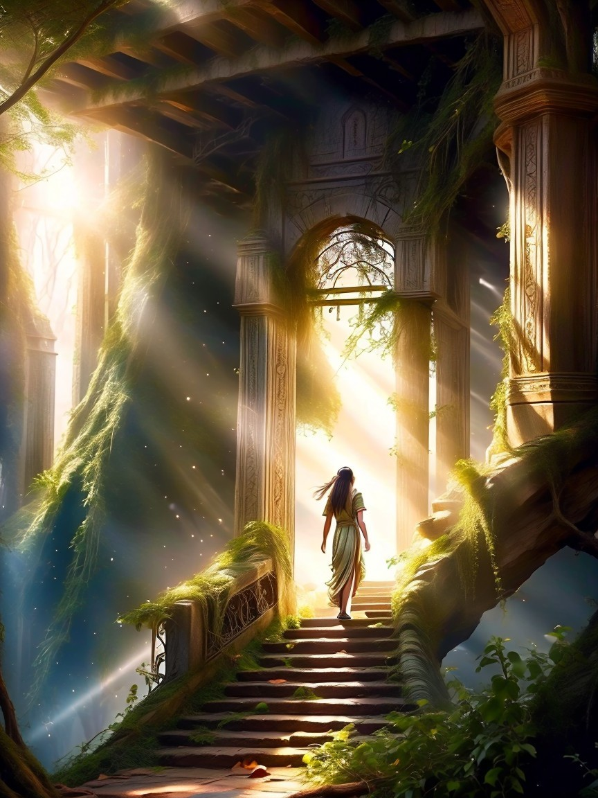 Mystical Figure on Grand Staircase in Ethereal Light