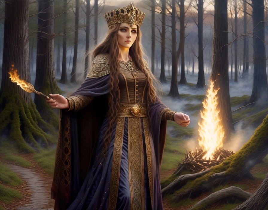 Majestic queen in ornate gown in mystical forest