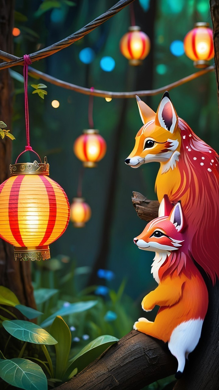 Foxes in a Forest with Lanterns and Lush Greenery