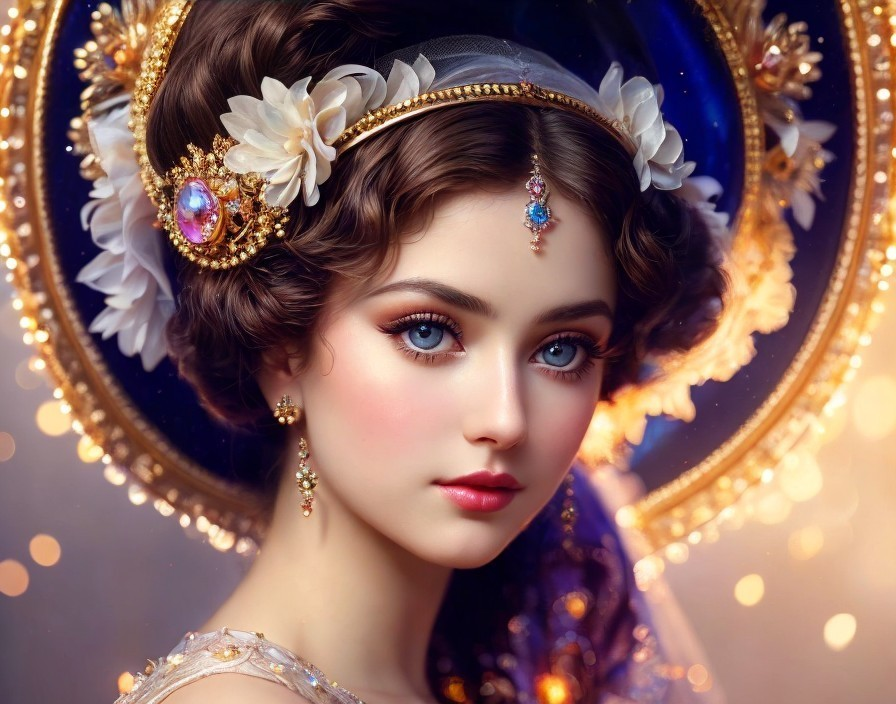Digital artwork of woman with blue eyes and golden jewelry in starry setting